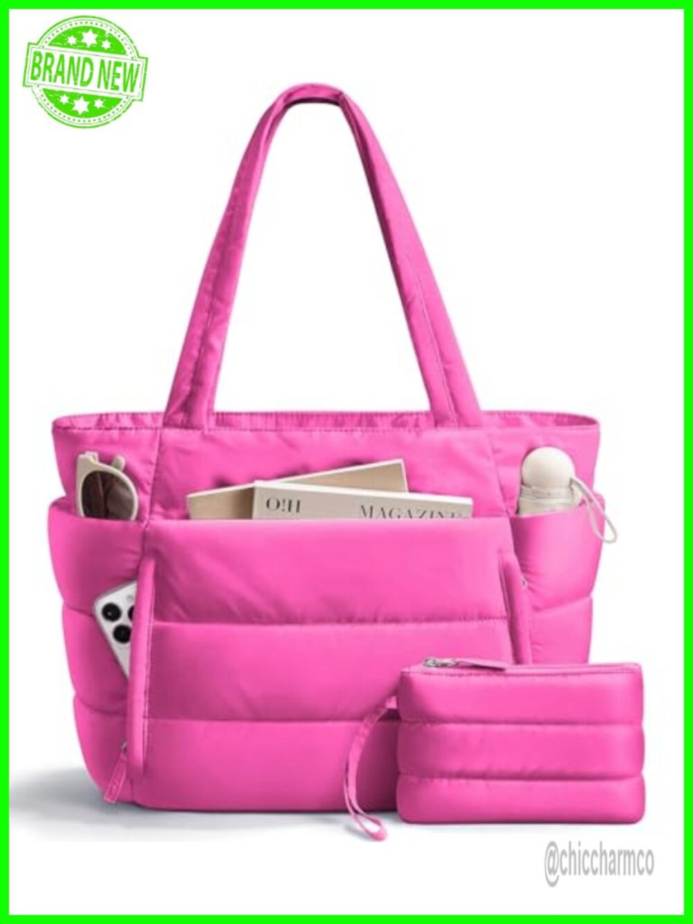 Puffer Tote Bag Lightweight Quilted Shoulder Bag 16 Pockets 20L